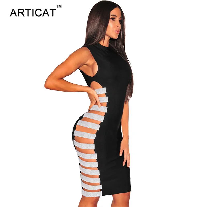 Articat Side Sequin Sexy Bandage Party Dress Women Sleeveless Back Zipper Bodycon Dress Vestidos Elegant Hollow Out Pencil Dress