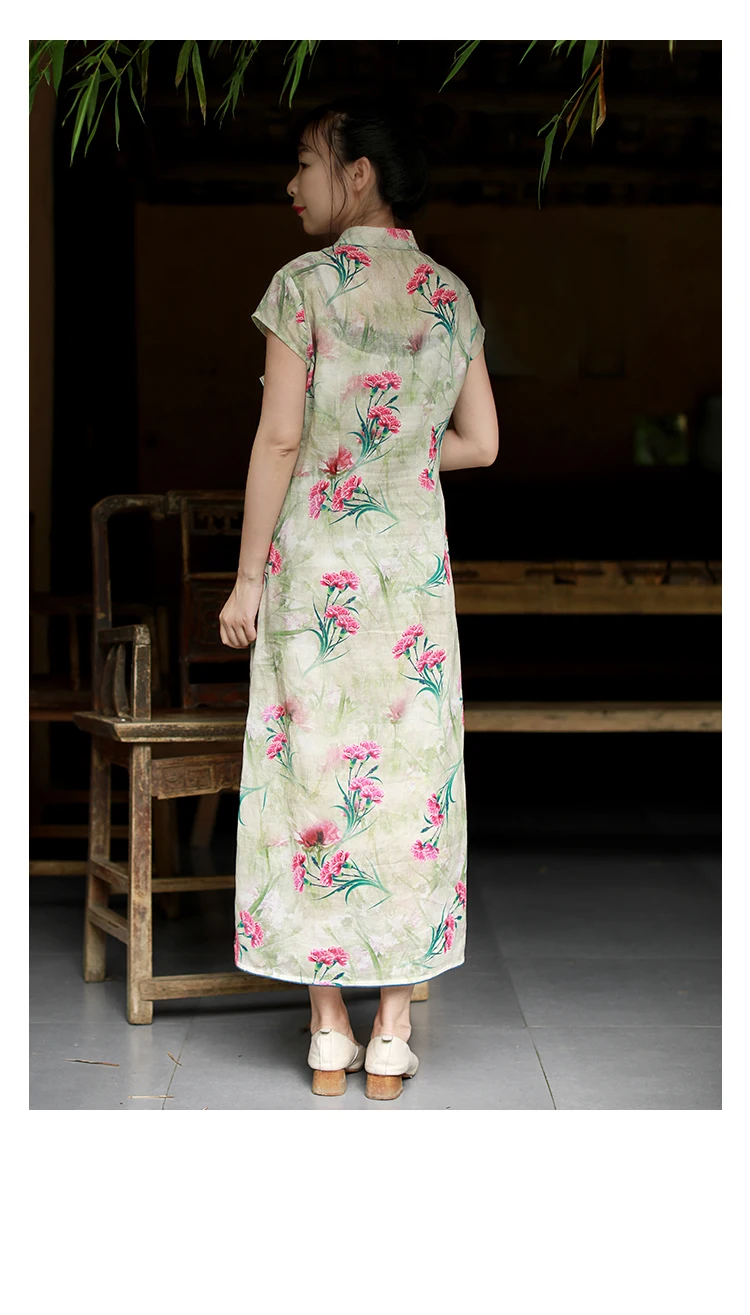 LZJN 2019 Women Summer Retro Vestido Chinese Qipao Dress Long Traditional Mandarin Collar Chinese Dress Flower Printed Cheongsam (6)