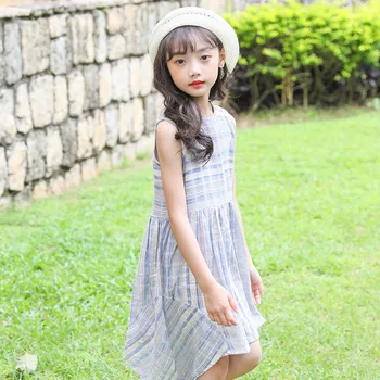

Fashion 2019 Green Blue Striped Children Summer Dresses Baby Big Girls Cotton Linen Sleeveless Dress For Kids Princess Clothing