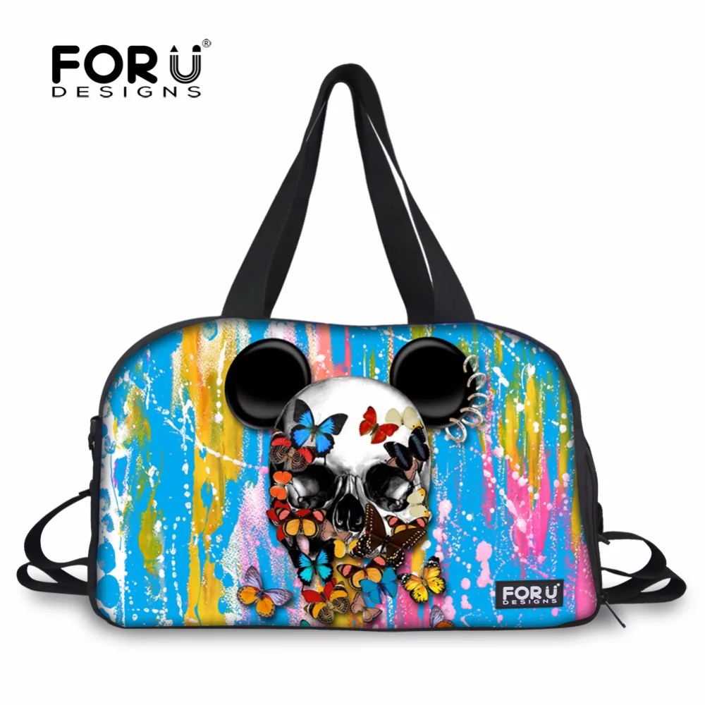 

FORUDESIGNS Women Luggage Bag Personality Skull Print Female Large Capacity Duffle Bag Men Weekend Bag Water Bottle Pocket