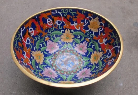 

004890 China Regius Copper handwork cloisonne Dragon Flowers bowl Statue