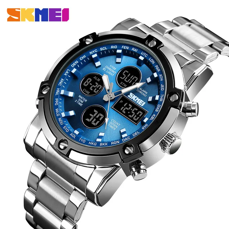 

2019 SKMEI Luxury Men Quartz Digital Dual Display Watch Waterproof Male Wristwatch Stop Watch Sport Watches Relogio Masculino
