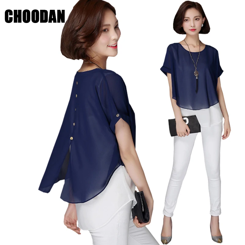 

Chiffon Blouse Shirt Women 2018 Korean Fashion New Summer Batwing Short Sleeve Shirt Faux Two Piece Top Plus Size Women Clothing