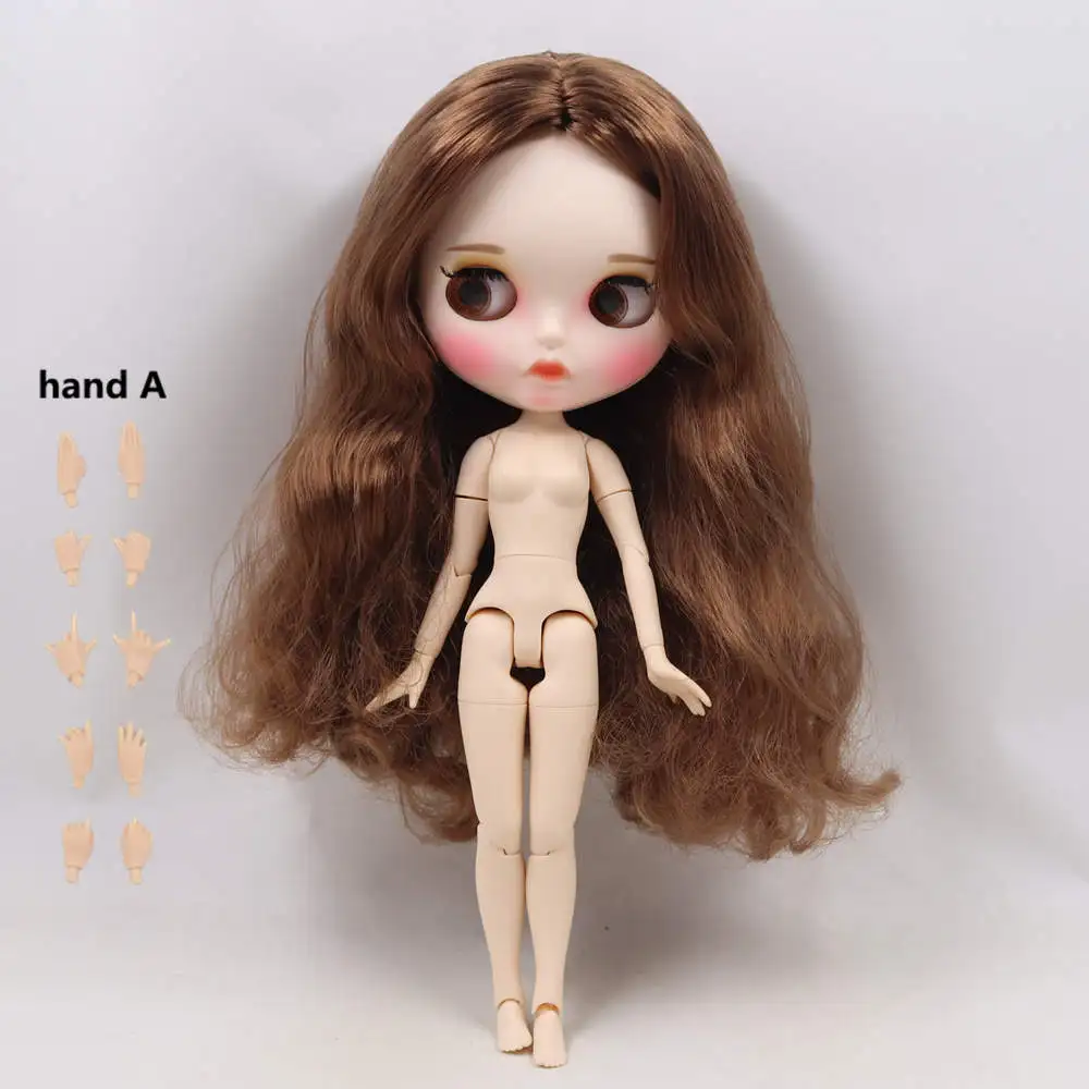 Черный Blyth кукла Обнаженная белая кожа милые дикие каштановые кудрявые волосы 1/6 суставное тело новое матовое лицо с бровями блеск для губ ледяной DIY игрушка - Цвет: Черный