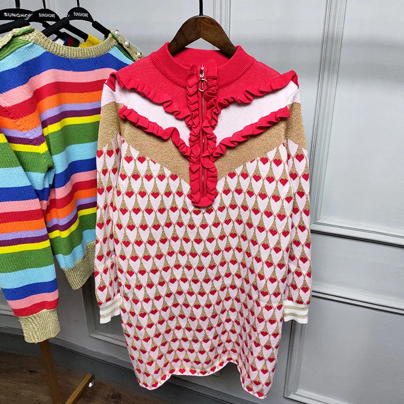 

Luxury Brand Designer Knitted Dress for Women Turtleneck Collar Bright Silk Love Knitted Dress High Quality