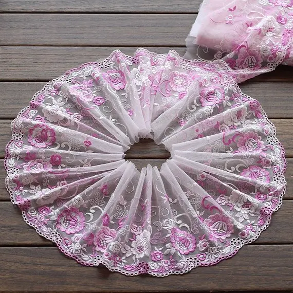 2 Yards Lace Trim Purple Flowers Floral Embroidered Tulle 7.48 Inches Wide | Дом и сад