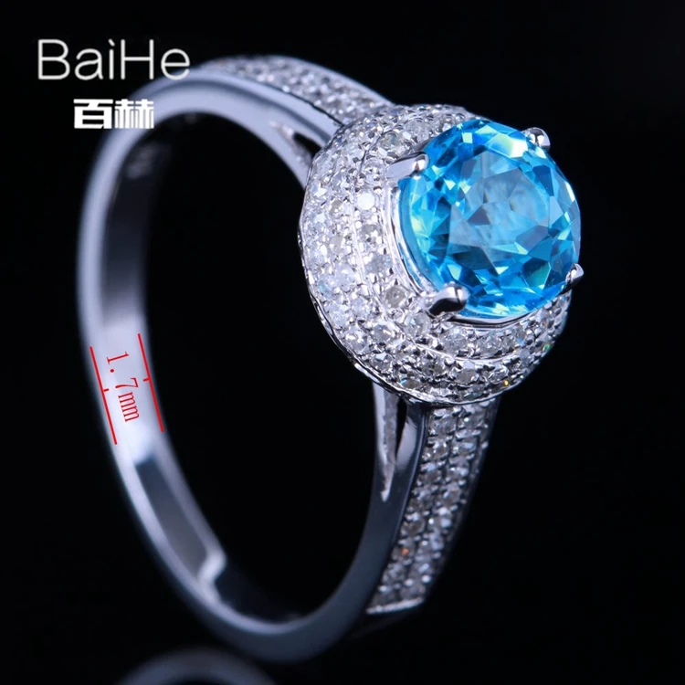 Baihe SOLID 14 К из белого золота(au585) 1.3ct круглый безупречной натуральная голубой топаз свадебное Для женщин Мода Ювелирные украшения кольцо