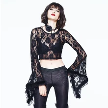 Стимпанк Готическая Черная ажурная рубашка с длинными рукавами Повседневная круглая шея женское короткое пальто сексуальные роговые рукава Перспектива