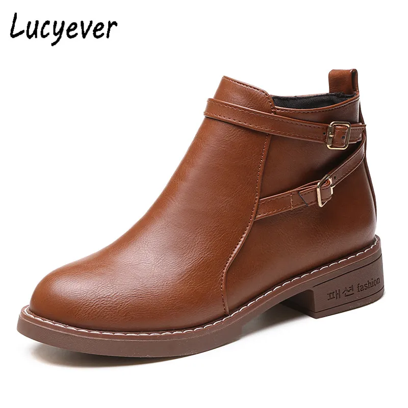 Kopen Lucyever Dikke Hakken Martin Laarzen Zacht Leer Enkel Schoenen Vintage Casual Schoenen Vrouw Brand Design Retro Vrouwen Laarzen Zwart Bruin