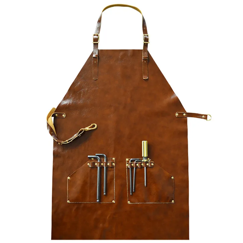 yellow black brown full leather bib apron barista