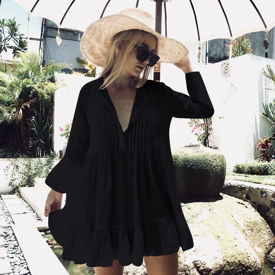 

Ladies White Crochet Plunge Beach Cover-Up Dress Loose Black Beachwear Bikini Cover Up Women Boh0 Bathing Sundress Ruffle Dress