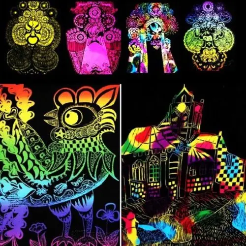 10 Sheets 16K Colorful Magic Scratch Art Painting Paper With Drawing Stick Gift