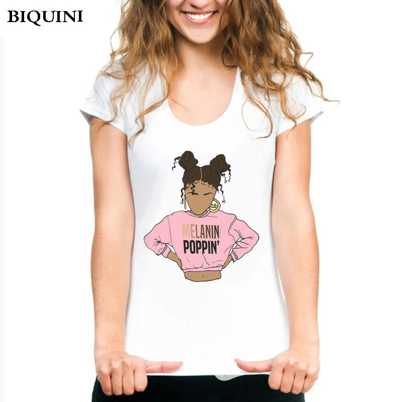 

Melanin Poppin Female T-shirt Summer Short Sleeve Aesthetic Kawaii Harajuku Top Summer T Shirt Women New Arrivals White T-Shirts