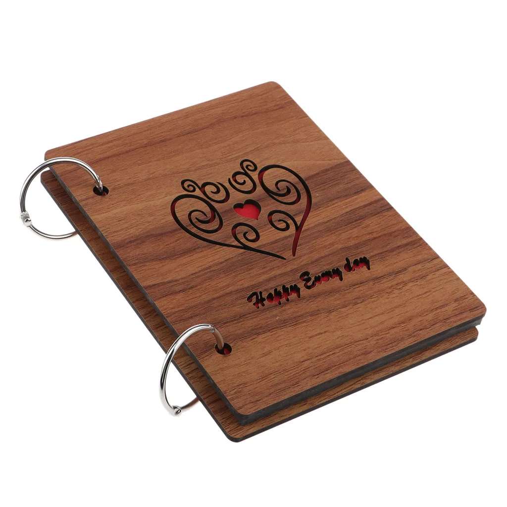 6 inch 16 Pages Kraft Paper Wooden Cover Scrapbook Photo Album Display Guest Book Craft for Wedding Valentines Day Memorial