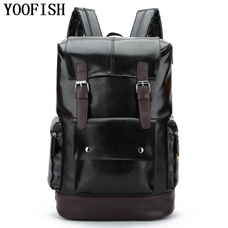 

YOOFISH Vintage Men's Backpack PU Black Bag Men Travel Backpack 15' Laptop High Quality Male Back bag Teenager bags schoolbag
