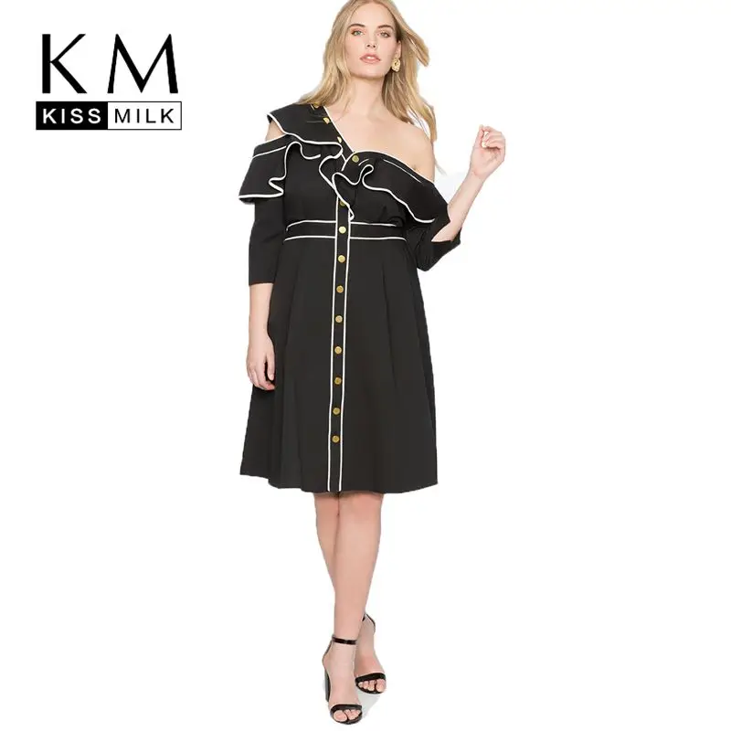 

Kissmilk 2018 Plus Size A-Line Off Shoulder Butterfly Sleeve One-shouldered Black Of The Knee Lovely Sexy Dress