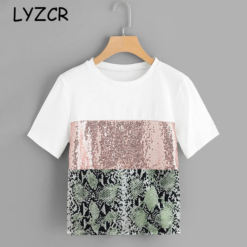 

Women Snake Sequin T Shirt Female Summer 2019 Patchwork Snake Tee Shirts Womens O Neck Short Sleeve T-Shirts