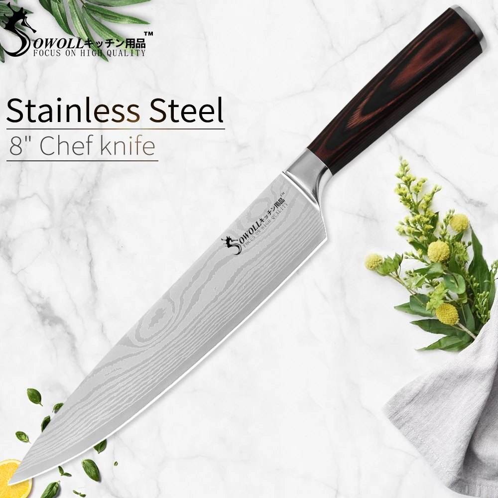 

Sowoll Stainless Steel Kitchen Knife Damascus Veins Pattern Knife Utral Sharp Blade Color Wood Handle Cooking Tools Accessories