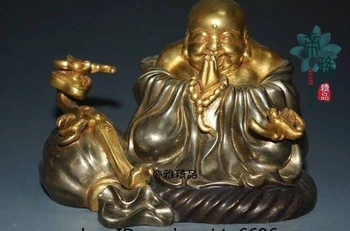 

Tibet Buddhism Copper 24K Gold Gild Bat Fu Ruyi Happy Maitreya Buddha Statue