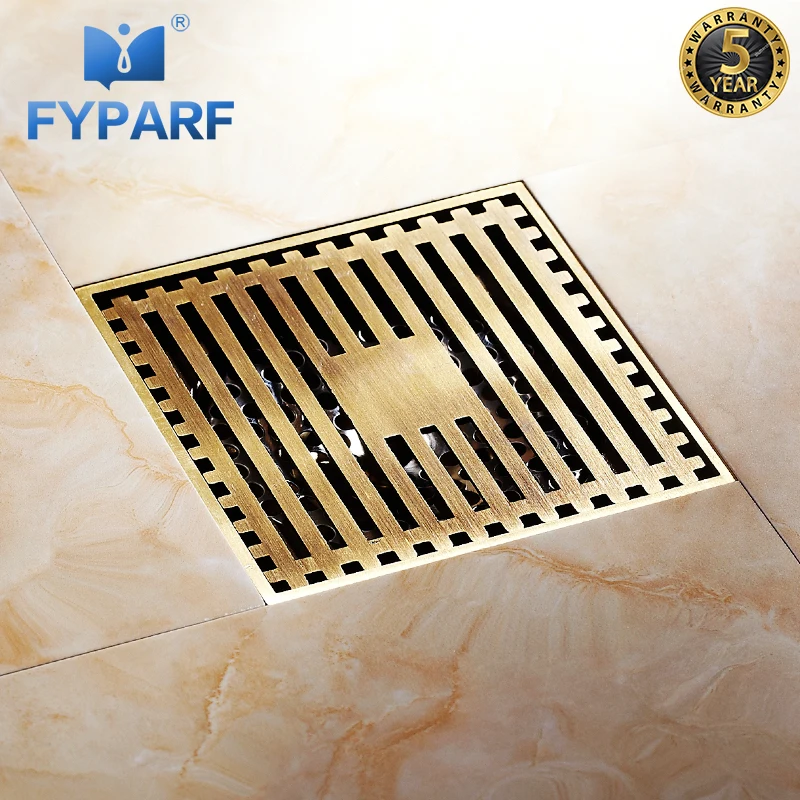 

FYPARF 10cm*10cm Euro Style Antique Brass Deodorant Square Floor Drain Strainer Cover Sink Grate Bathroom Kitchen Shower Drain
