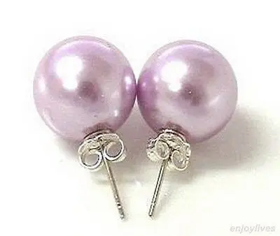

Free shipping@10 mm Purple Shell Pearl 925 Sterling Silver Stud Earrings