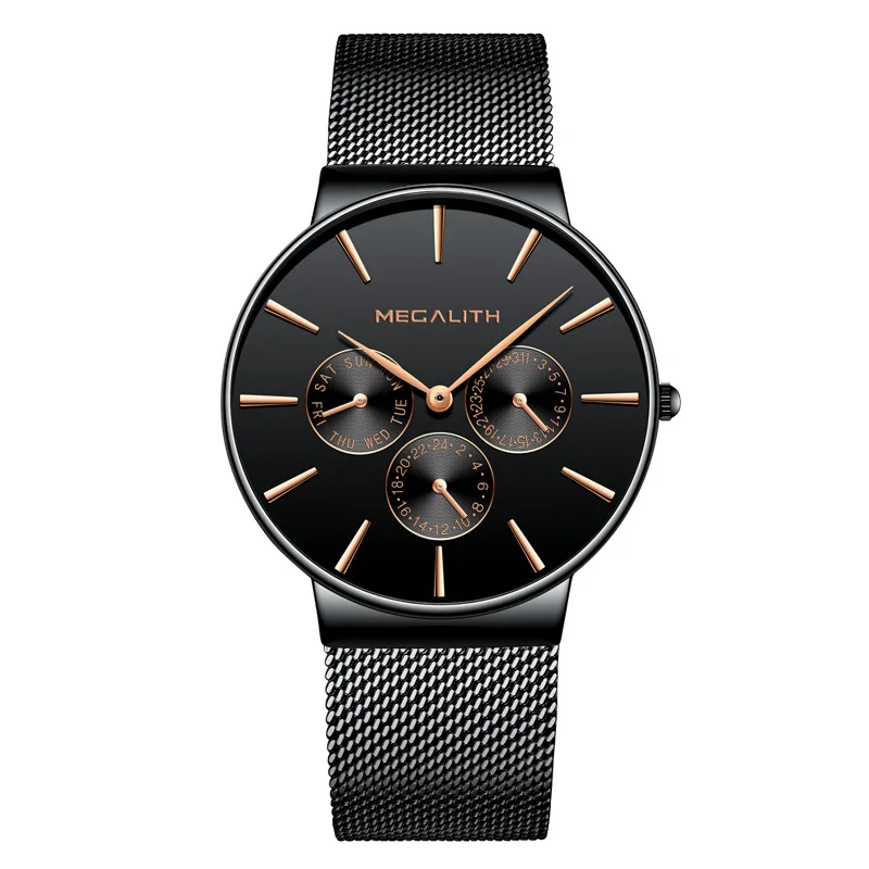 Модные часы MEGALITH, мужские спортивные водонепроницаемые часы с хронографом, тонкие сетчатые стальные повседневные мужские кварцевые часы, мужские часы - Цвет: black gold