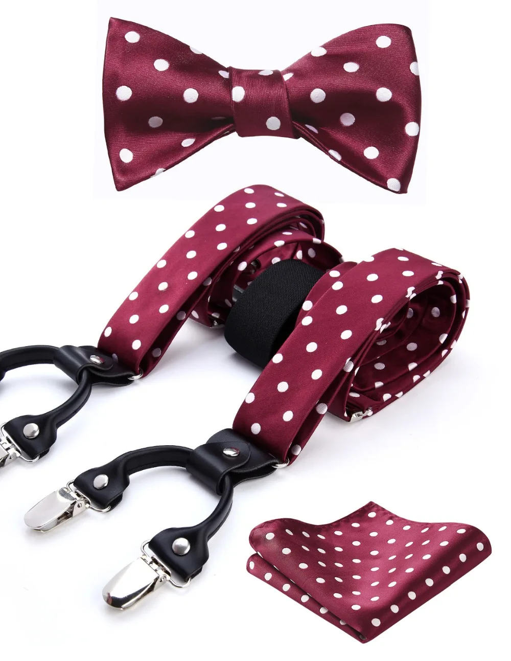 

Polka Dot Various Classic Braces 6 Clips Suspenders Self Bowtie and Pocket Square Set #S1
