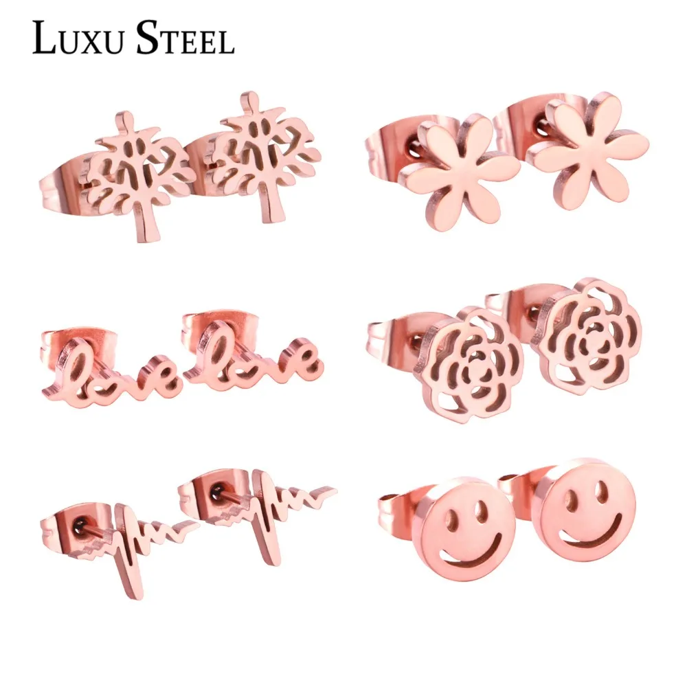 

LUXUSTEEL Christmas Stud Earrings Stainless Steel Rose Gold Tree/Flower/Smile/Love/Beat Linghting 6Pairs/Boxes Earring Sets