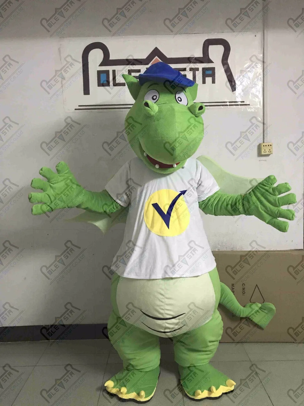 Putih T Shirt Kartun Hijau Topi Dinosaurus Maskot Kostum Naga Maskot