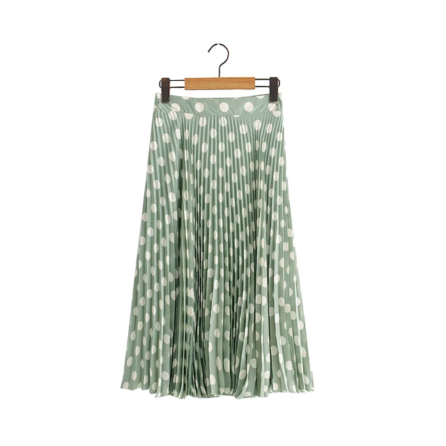 

2018 New Summer Female Skirts Women Emerald Green Wave Polka Dot Pleated Tulle Skirt Casual Feminine Vestidos Midi Maxi Skirt