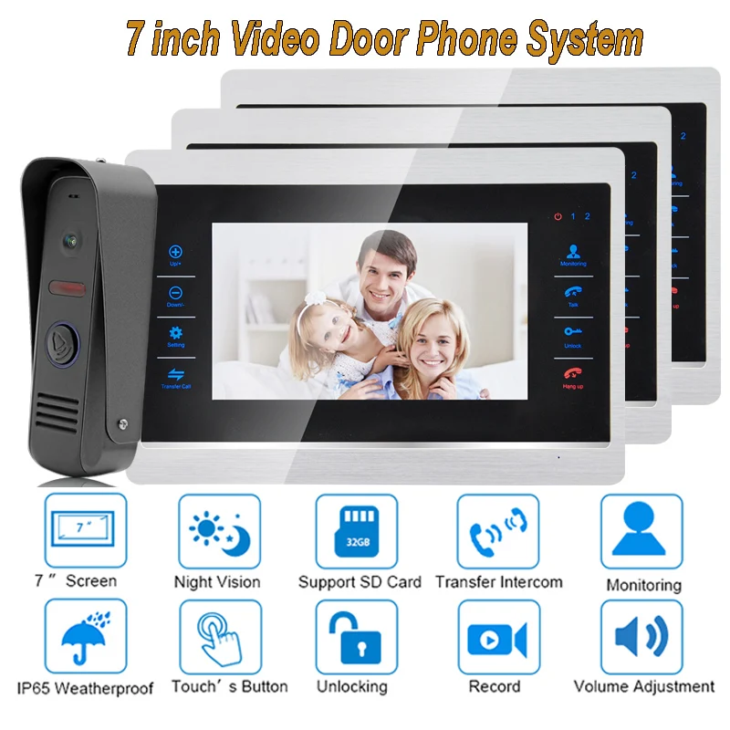 

7 Inch Video Door Phone Monitor Intercom System Kit Night Vision 1200 TVL Doorbell Camera Recording SD Card Support 1V3