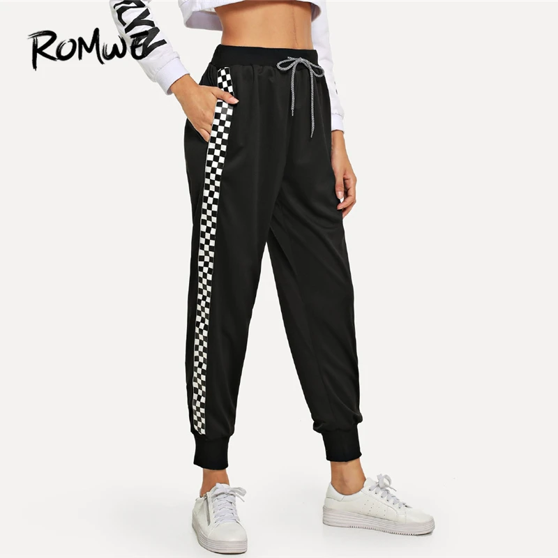 Romwe Sport Black Drawstring Plaid Panel font b Fitness b font Loose Running Pants Women Workout