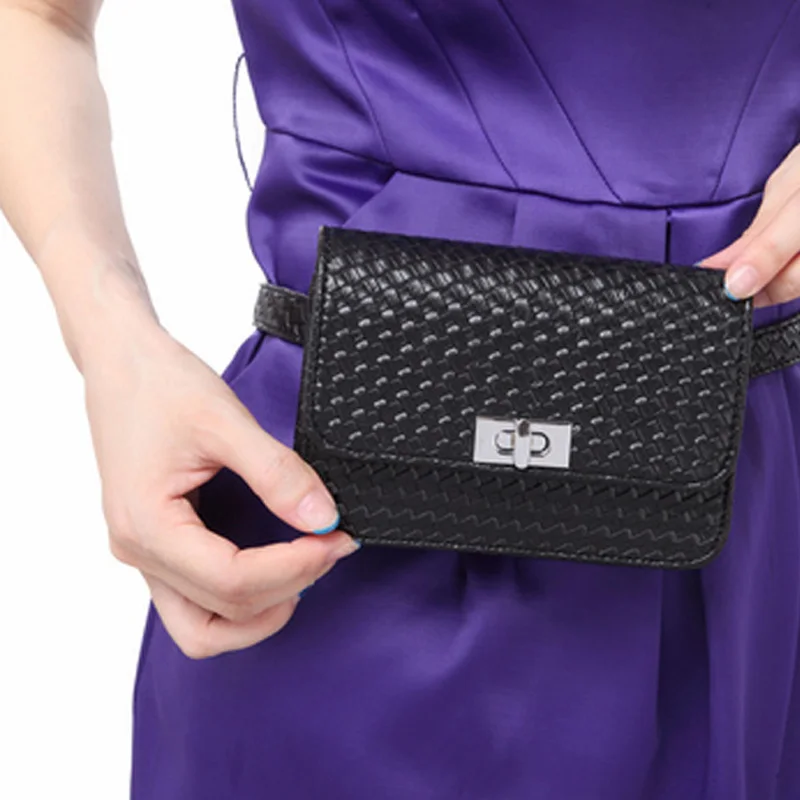 Women Waist Pack Leather Casual Belt Bag Plaid Hasp Waist Bag Women Bags