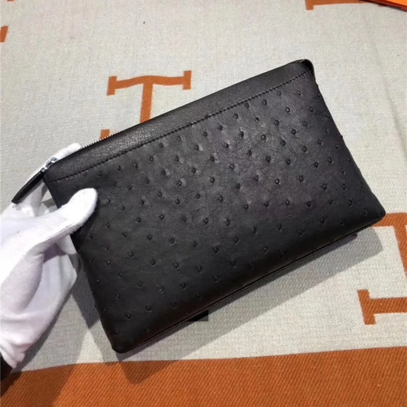 

Authentic Real Ostrich Skin Zipper Closure Businessmen's Large Clutch Purse Genuine Exotic Leather Male Phone Case Handy Bag