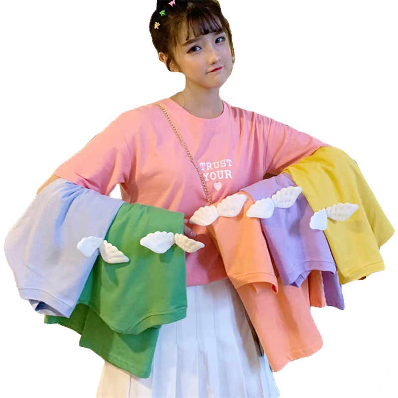 

Female T shirt Women Tops 2019 Summer Cotton Angel Wings T-Shirts For Women Pink Plus Size Tshirt Short Sleeve Women T Shirts