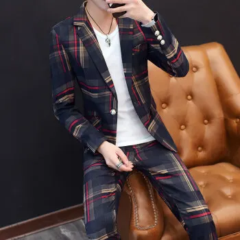 

2019 new men's autumn men's jacket Slim casual suit Korean version of the trend lattice suit men's two-piece