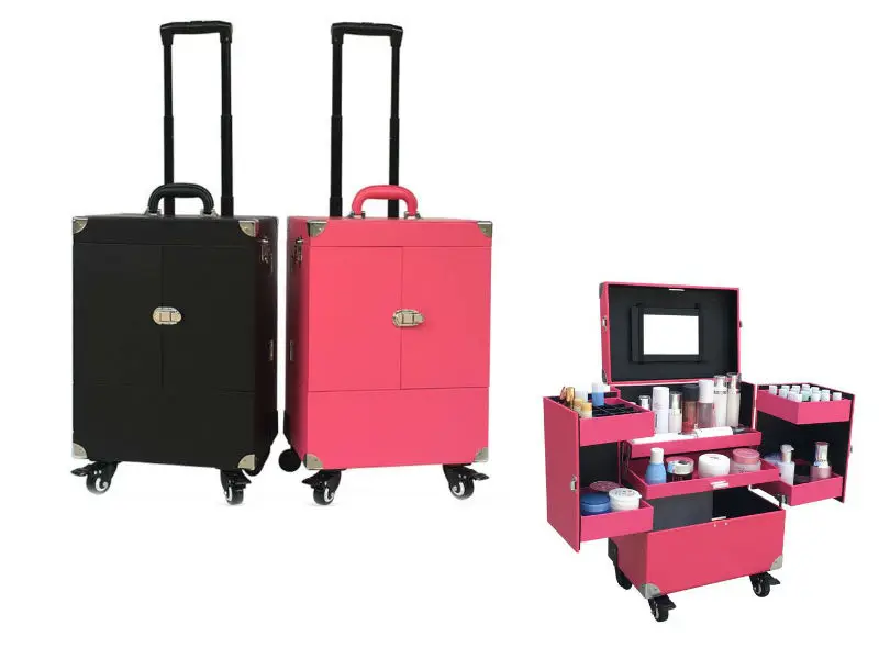 

Aluminum Trolley Cosmetic Case with Mirror Beauty Box Professional Rolling Make up Black and Red 37x24.5x48cm