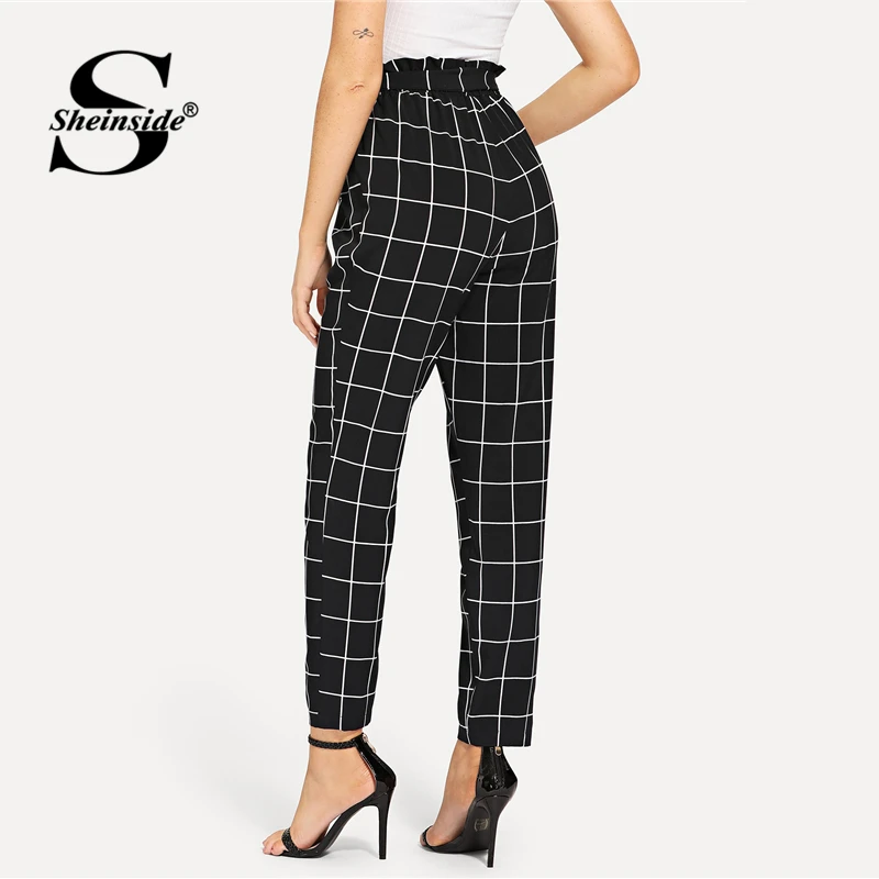 Sheinside Plaid Self Belted Ladies Work Pants Waist Knot Pocket Grid Black and White 2018 Women Autumn High Waist Trousers Pants