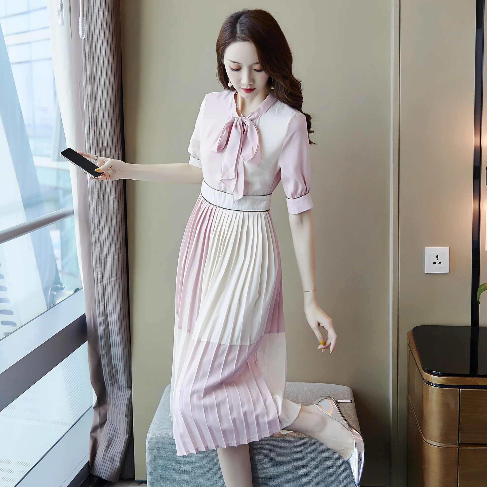 

HAYBLST Brand Elegant Women Long Dress 2019 Summer Fashion Patchwork Clothing Plus Size XL Breathable Korean Lady Pleated Dress
