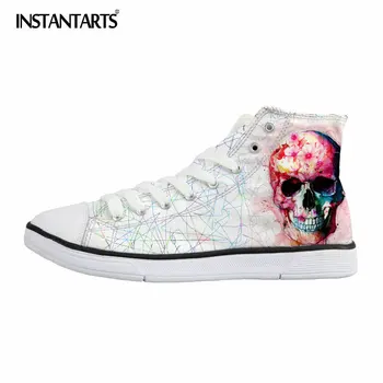

INSTANTARTS Fashion Women Vulcanize Shoes Cool White Skull Print Female Canvas Shoes Black High-top Flat Shoes for Ladies Girls