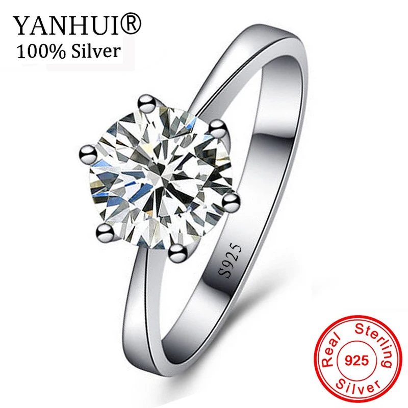 

Big 95% OFF! YANHUI Original Solid 925 Silver Ring Fine Jewelry Solitaire 1 Carat 6mm CZ Zircon Wedding Rings for Women JZ023