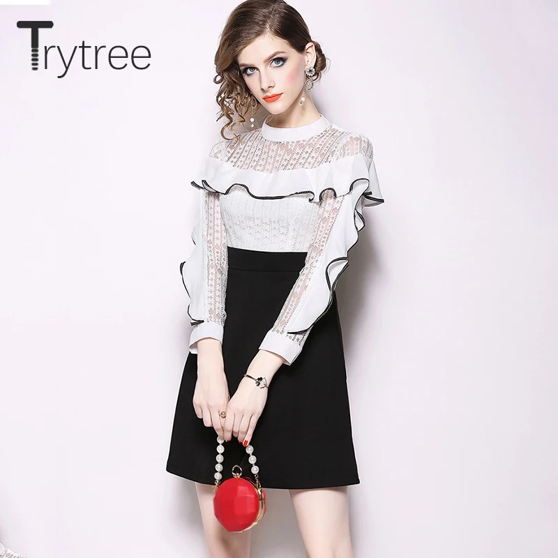 

Trytree Spring Summer Ruffles Dress Casual Polyester Patchwork Lace women dresses Butterfly Sleeve Office Lady Casual Dress