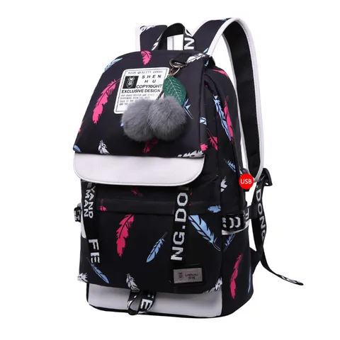 Bolsas de Escola para Adolescentes Meninas Moda Preto Impressão Escola Bolsa Crianças Mochilas para Meninas Schoolbolsa Mochila de Ombro para Mulheres