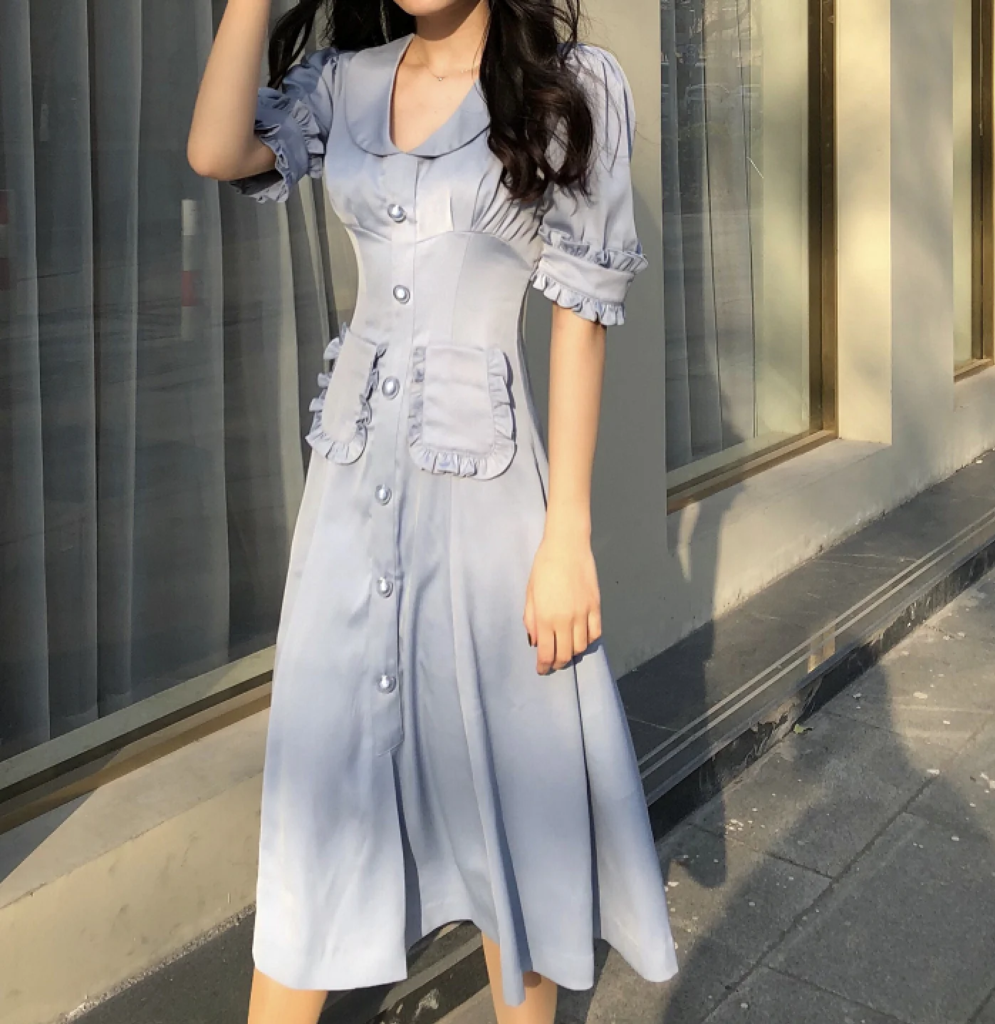 

Slim Waist Ruched Hem a Line Dress Princess Vintage Dress Petite Summer Robe Femme Vestido Mujer Vestiti Donna