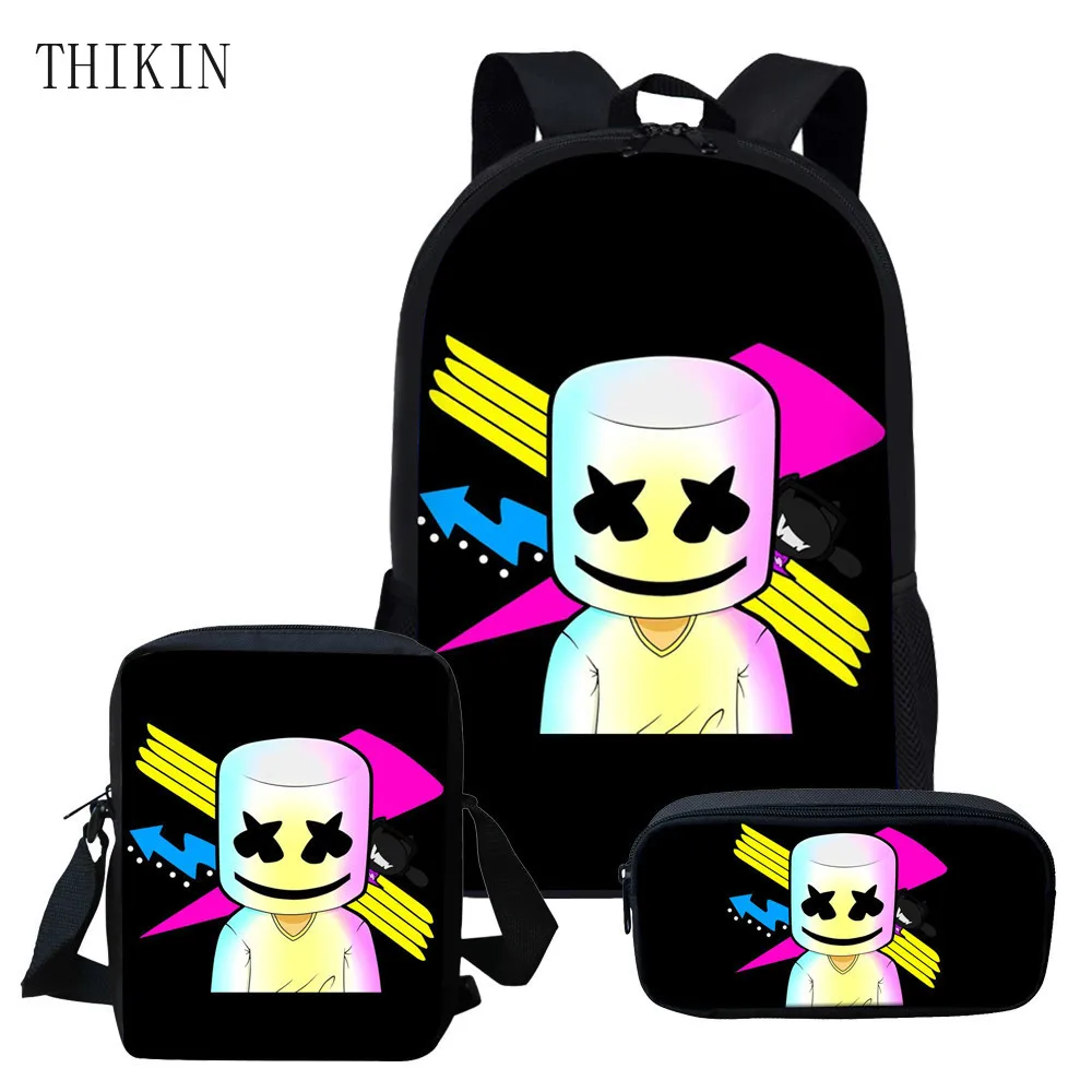 THIKIN School Bag Set 3D dj Marshmello Backpack For Teenage Boys Girls Student School Bags 3pcs/set Shoulder Bags mochila Custom