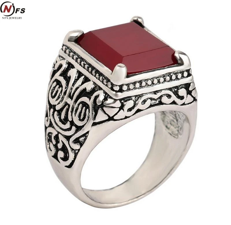 Fashion 2017 New Red Stone Jewelry Islam Ring For Men Silver Plated