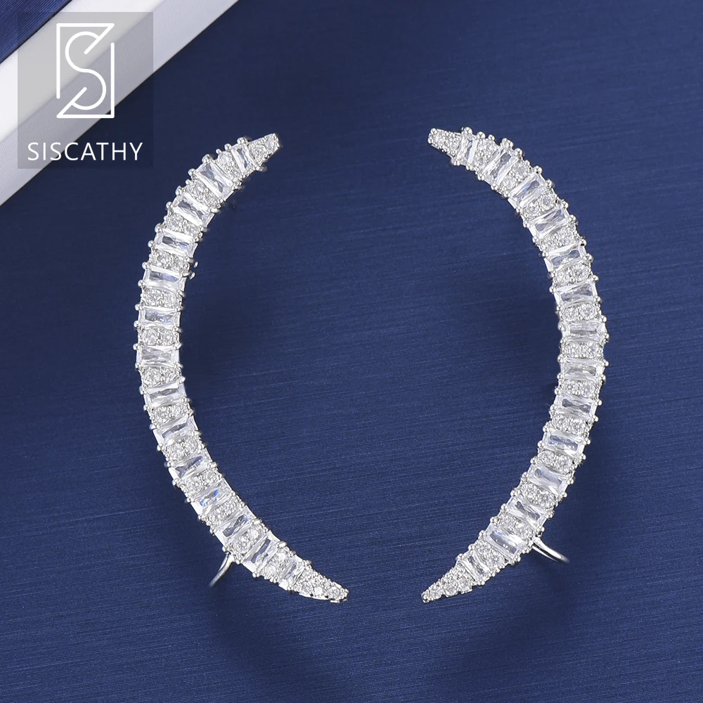 

SISCATHY Fashion Crescent Shape Pierced Clip Earrings For Women Girls Jewelry Silver Cubic Zirconia Inlaid fashion Earrings 2019