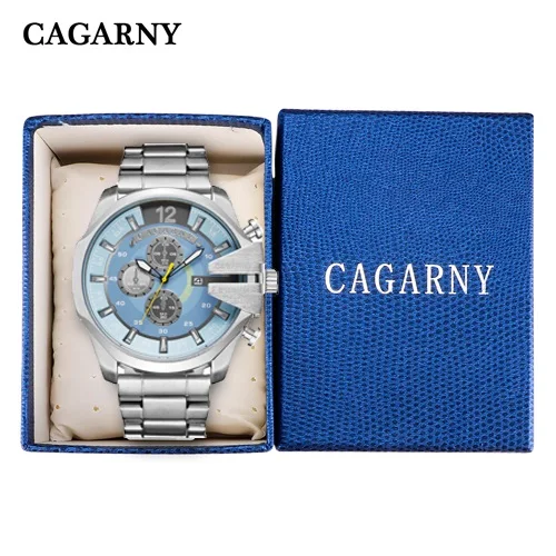 Cagarny для мужчин s часы Топ Элитный бренд для мужчин серебро сталь мужской Кварцевые часы для мужчин водонепроница Relogio Masculino Военная Униформа Montre Homme - Цвет: silver blue and box
