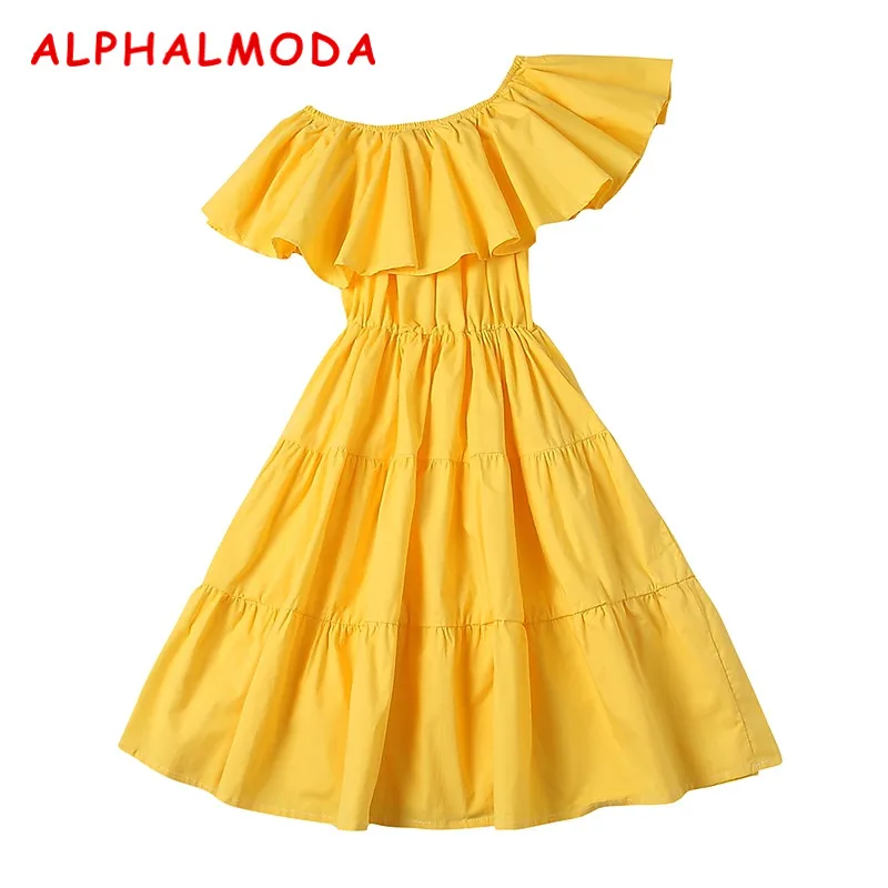 ALPHALMODA 2018 Лето Наклонный воротник гофрированное Платье женское с одним плечом