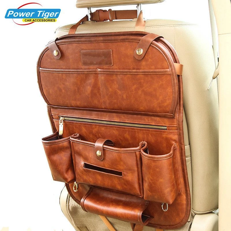 

Genuine Leather Car Seat Back Organizer Pockets Folding Backseat Hanging Holder Storage Bags Auto Car Tissue Box with Dish Tray
